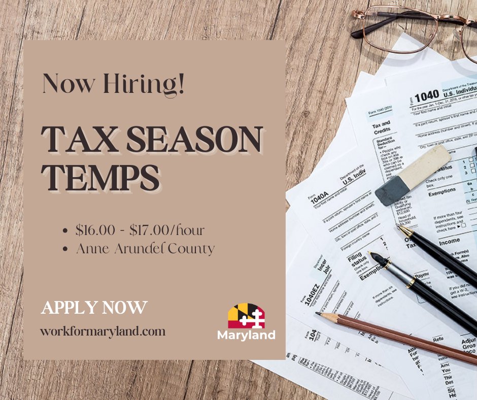 Marylandgovjobs's tweet photo. Do you have a high school diploma and basic computer knowledge? Are you looking for a seasonal position?
Now Hiring Tax Season Temps in Anne Arundel County ($16 - $17/hour)!
Apply here: https://t.co/JaiKpKiAoy
More info: https://t.co/0YRleH714r
#MDStateJobs https://t.co/XGUkKWN8CE
