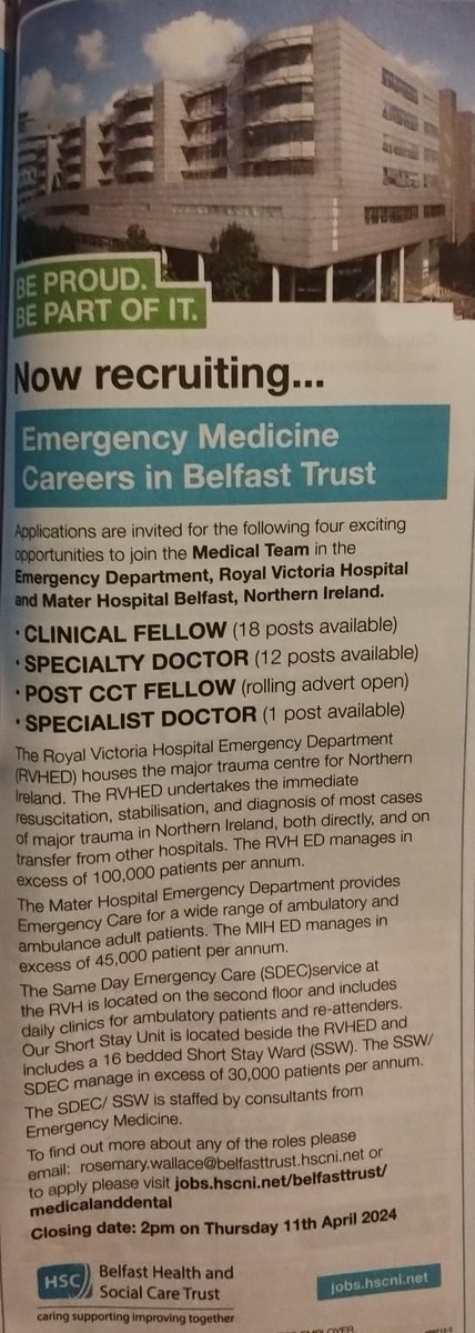 Less than 24 hrs left to apply for a specialist ED post in BHSCT. RVH ED has 5 specialists already in post @RCEMvp_NI @qsiobhan @aileenlee126 #valuedstaff #showinghowitsdone  #staffretention #SASbychoice jobs.hscni.net/Job/34131/bhsc…