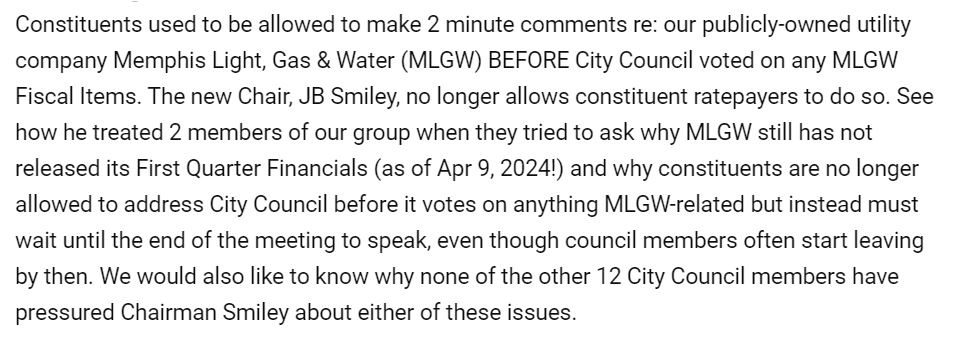 Questions for @MEM_Council: why are you allowing the new Chair, JB Smiley, to prevent constituent ratepayers from speaking up BEFORE you vote on #MLGW matters? 
NONE of these questions were answered yesterday btw: youtu.be/1v37istJqiw?si…

#Memphis #ShelbyCounty #Accountability