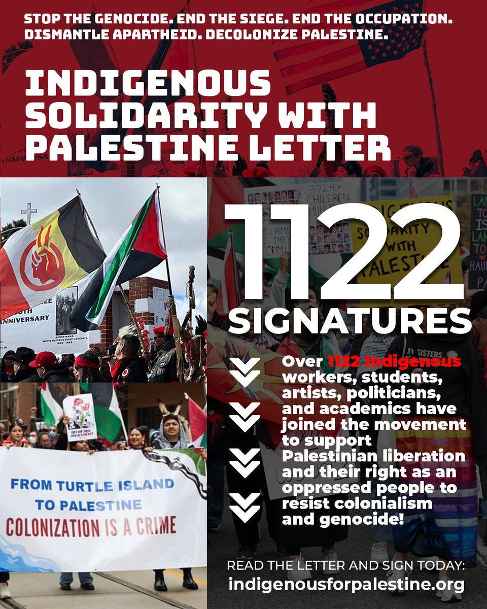 🚨 BREAKING 🚨 1,122 Indigenous workers, students, artists, politicians, academics, and organizations from around the world have signed onto the Indigenous solidarity with Palestine letter! indigenousforpalestine.org