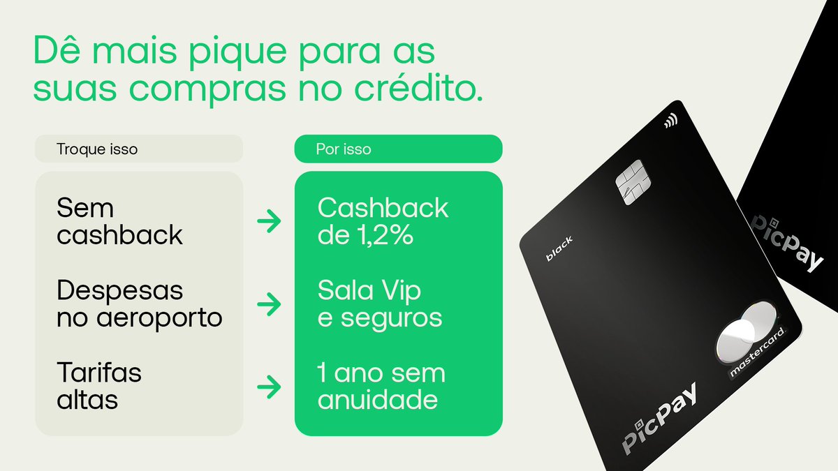 Dê um pique no seu cartão de crédito! Você tem um mundo de benefícios ao seu alcance, mas não está aproveitando. Com o PicPay Card Black, você vai muito além das compras no crédito. Está esperando o que pra dar esse pique na sua vida? Peça já o seu!