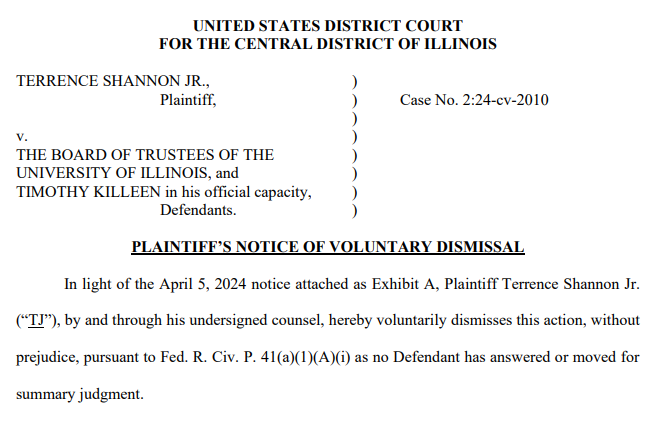 New: The University of Illinois has closed its investigation into Terrence Shannon Jr. without disciplinary action, and in turn Shannon has dropped his lawsuit against the U of I. Documents from the case attached: