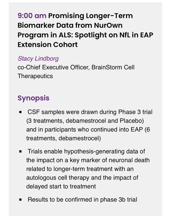Excited to see the new Biomarkers data from the #NurOwn Expanded Access Program at the 3rd Annual #ALS Drug Development Summit May 21-23 @BellinaDeb @ALSMNDMamaBears @KandySimons @klink52 @BridgetRebecca4 @plainJaniexx @mattwoman @ginaGib68993499 @makerisafer @mustangshellyd…