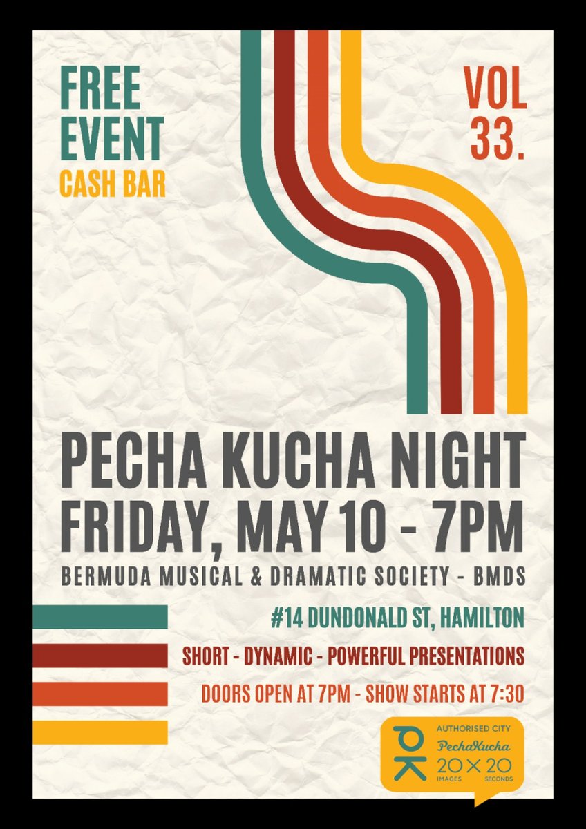 Save the date! The 33rd edition of #PechaKuchaBermuda will be held at BMDS on Friday May 10, 2024 starting at 7PM. Come out for this great free community event to see another awesome lineup of presenters!
Want to present? Email us at pechakuchabermuda@gmail.com.