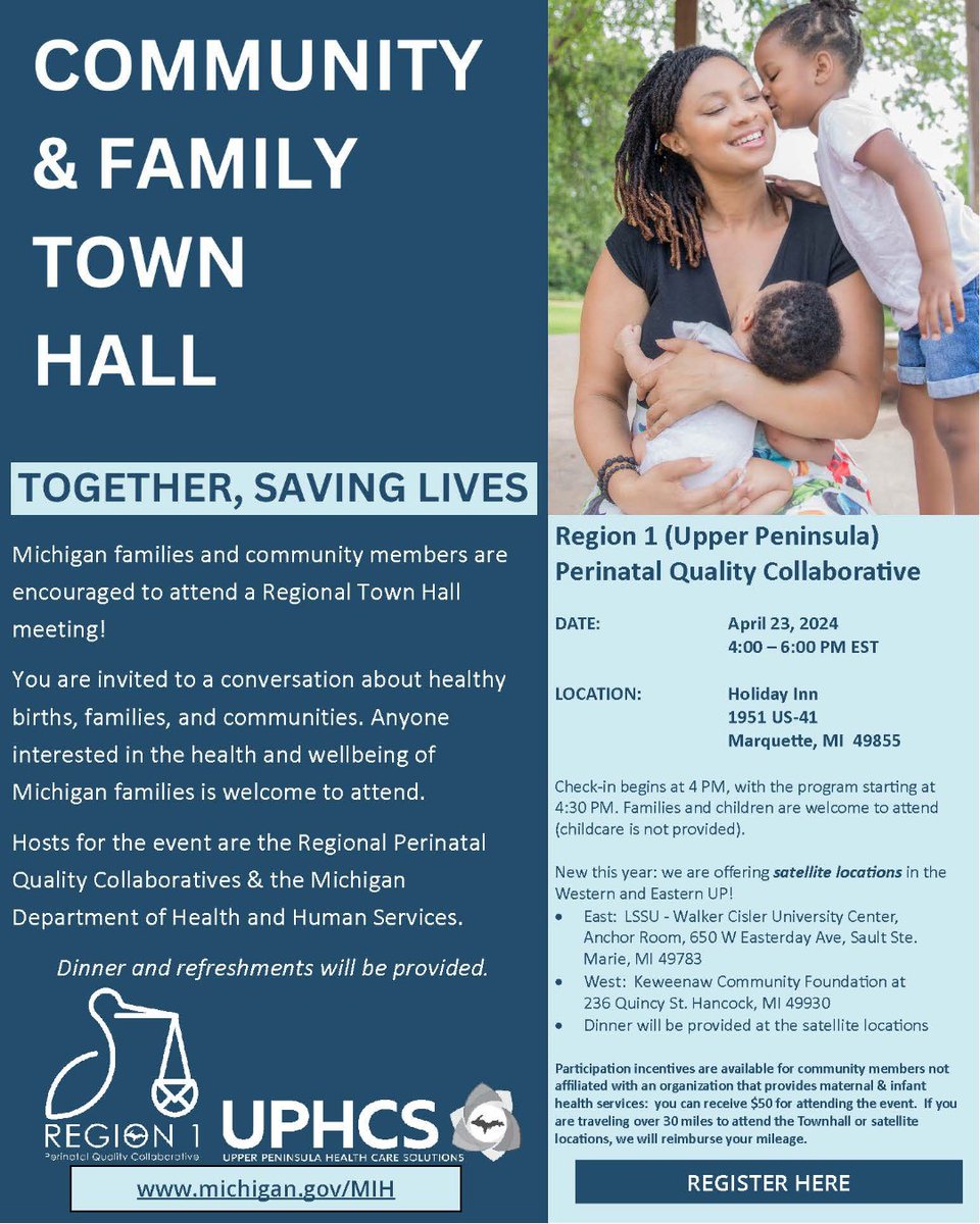 Region 1 Upper Peninsula Community & Family Town Hall is April 23 in Marquette with satellite sites in Hancock and Sault Ste. Marie.

REGISTER: forms.monday.com/forms/cdad0372… 

#ChildhoodIsSacred #Anishinaabe #Family #NewParents #NewMom #NewDad