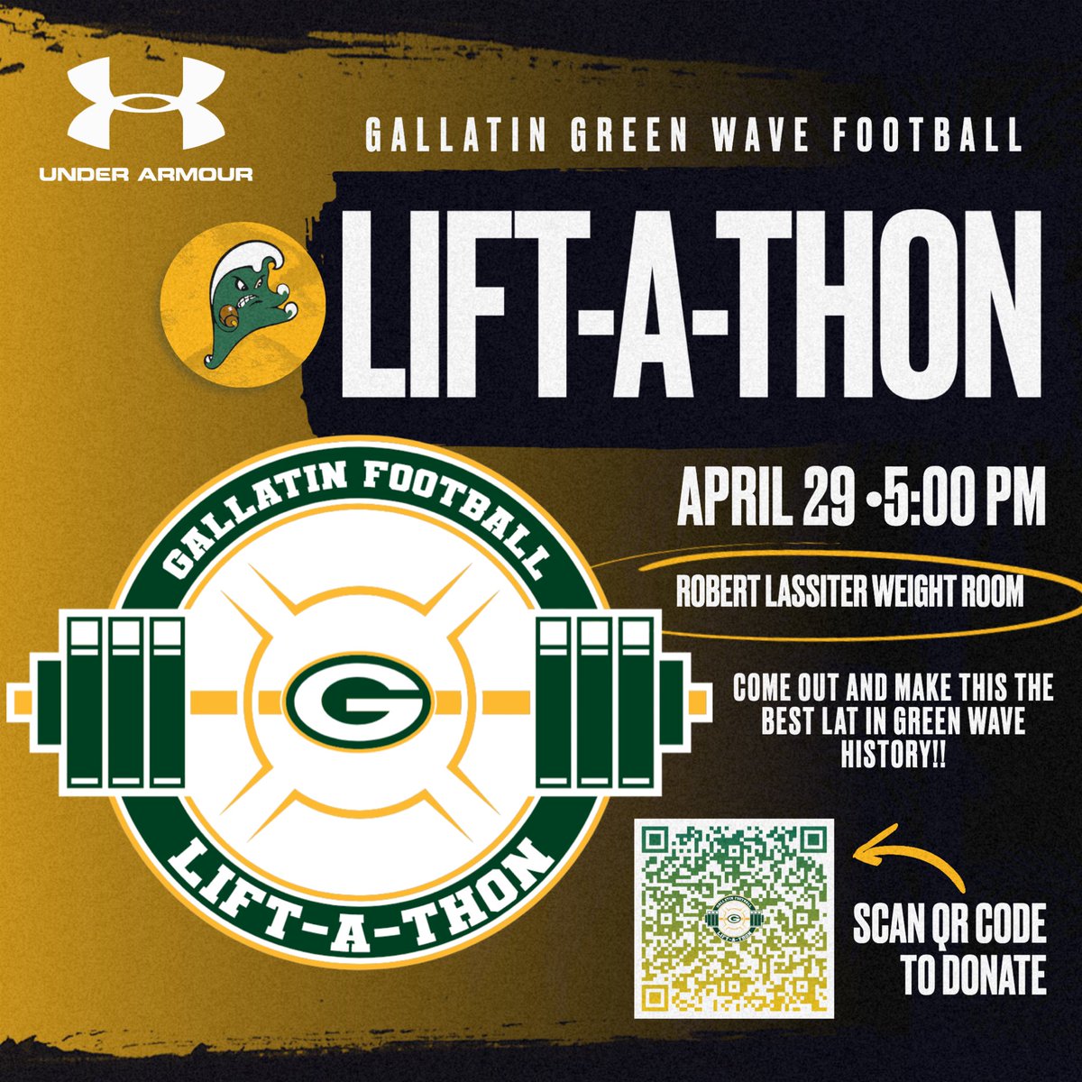 Gallatin Green Wave Annual Lift-A-Thon on Monday April 29th at 5pm. Feel free to reach out to your favorite Green Wave to sponsor him and come out to see the hard work our guys have put in this offseason!