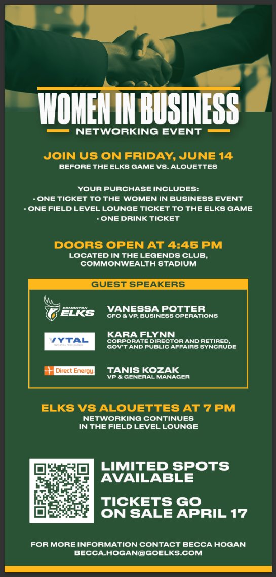 Join us at Commonwealth Stadium this June for the Women in Business Networking Event hosted by @GoElks. Connect with entrepreneurial spirits, hear inspiring stories & cheer on the Elks as they take on the Montreal Alouettes. Don't miss out! bit.ly/49tBJJl