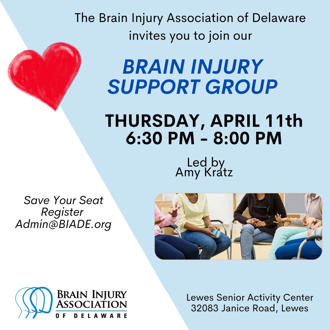BIADE's tweet image. Tomorrow! Brain Injury Support Group 💞

📅 Date/Time: Thursday, April 11th at 6:30 PM

📍 Location: Lewes Senior Activity Center, 32083 Janice Road, Lewes

✅ Registration: Save your seat by emailing admin@biade.org

See you there! 🤗