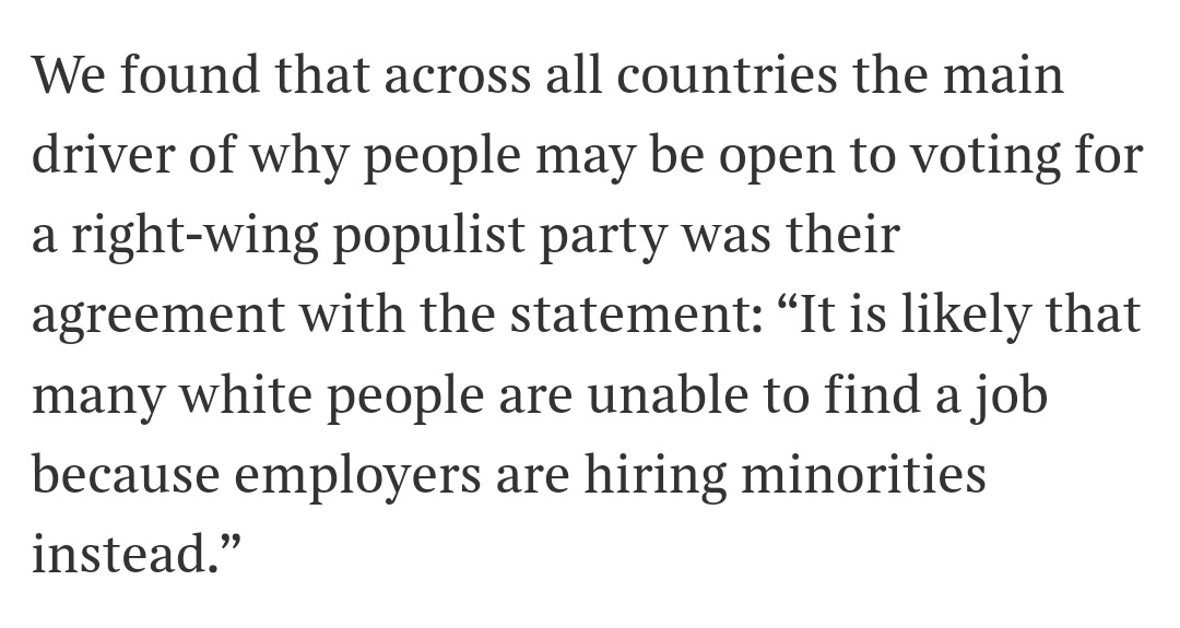 Here @jameskanag on 'culturenomics' says he found that internationally the strongest predictor of voting populist right is a racialised grievance about fairness and equal opportunities