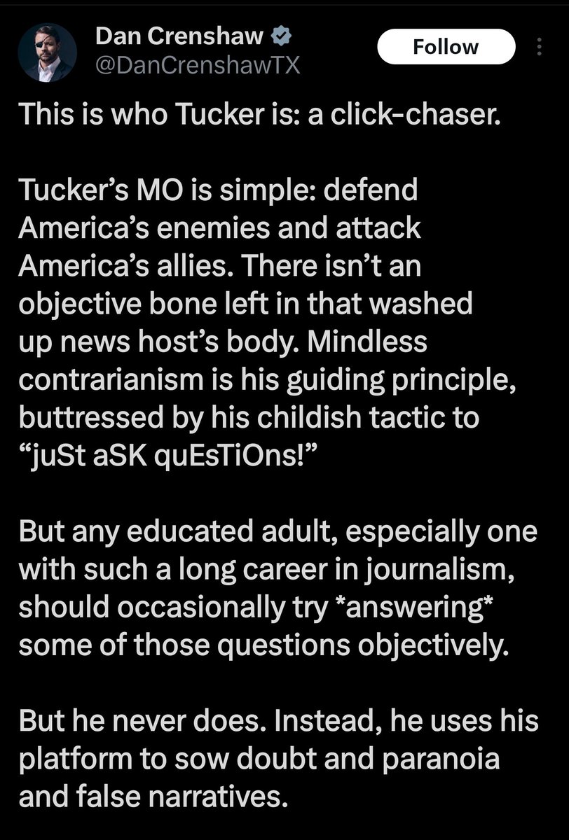 LMFAO, there's a MAGA meltdown over GOP Rep. Dan Crenshaw calling fake journalist Tucker Carlson a 'click chaser', and it's glorious to behold. 🤣🤣🤣🤣