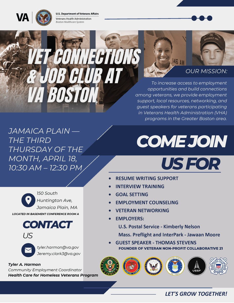 Vet Connections and Job Club at VA Boston, 3rd Thursday of the month, 10:30 a.m. – 12:30 p.m. NEXT MEETING: APRIL 18. Basement Conference Room A, 150 South Huntington Ave, Jamaica Plain, Mass. Resume writing, interview training and more! More info at va.gov/boston-health-…