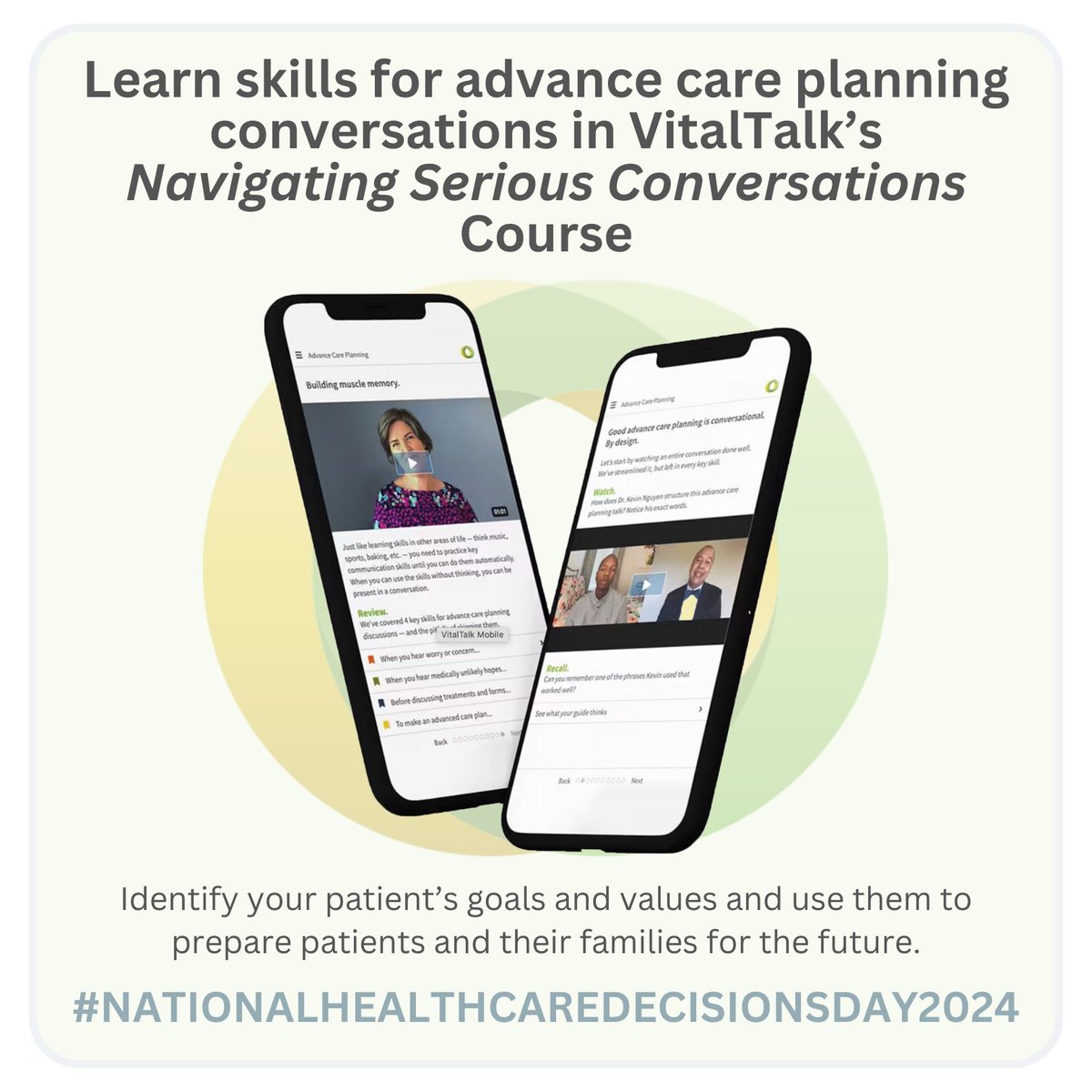 VitalTalk’s Navigating Serious Conversation course is the perfect tool to guide you through your advance care planning conversations as we approach National Healthcare Decisions Day! #NHDD #Advancecareplanning #VitalTalk