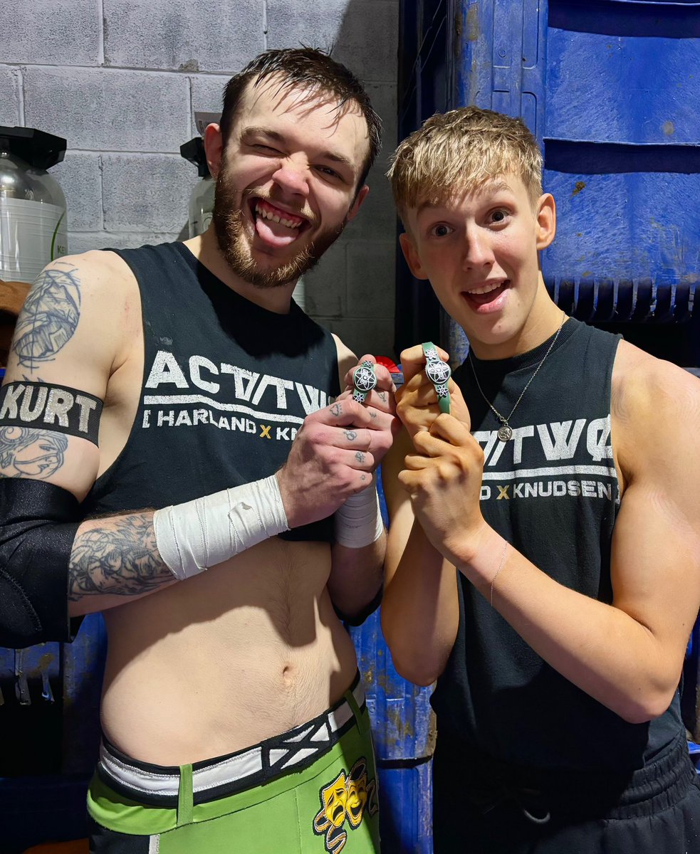 ACT TWO ARE THE NEW @WrestleAtomic TAG TEAM CHAMPIONS!!! We don’t have to worry about these taking up too much bag space…🏆