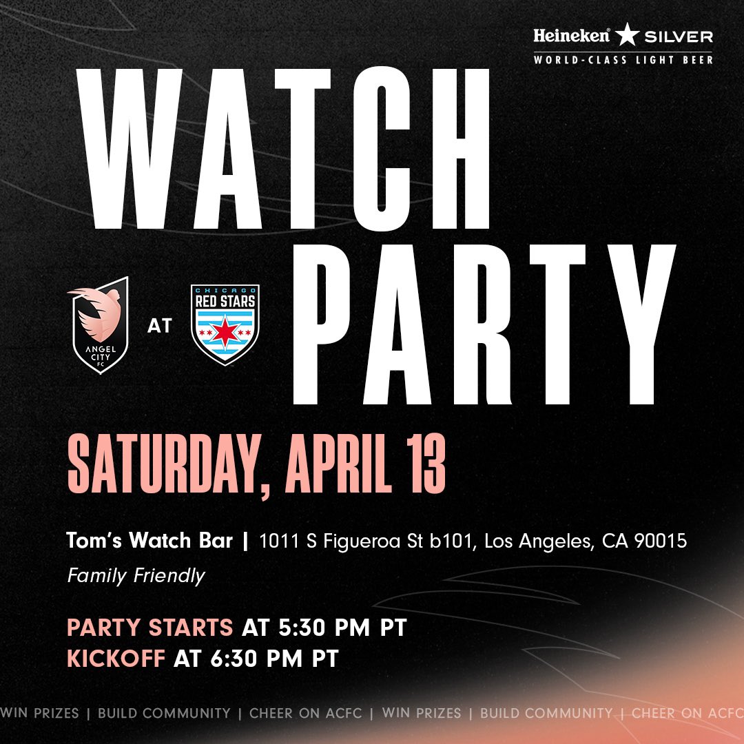 Join us at our official #ACFCAwayGame Watch Party in partnership with @Heineken_US as we face the Chicago Red Stars. Get ready for swag, prizes, and building community! 🗓️ 4/13 🥳 5:30 PM party starts @WatchAtToms ⚽ 6:30 PM Kickoff #Volemos | #NWSL | #CHIvLA | #AngelCityFC