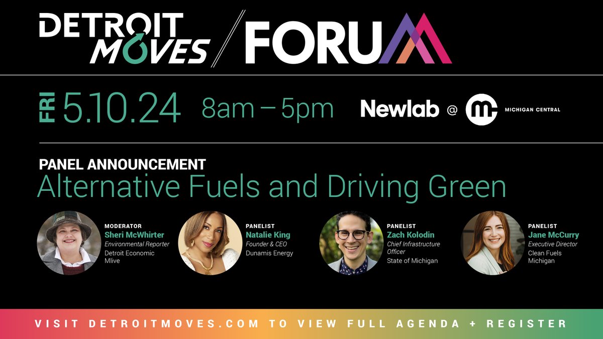 #DetroitMoves: Alternative Fuels and Driving Green

Moderator: Sheri McWhirter, Environmental Reporter, @MLive 

Panelists: 
Zach Kolodin of @MiInfraOffice
Natalie King of @dunamisenergy1 
Jane McCurry of @CleanFuelsMI