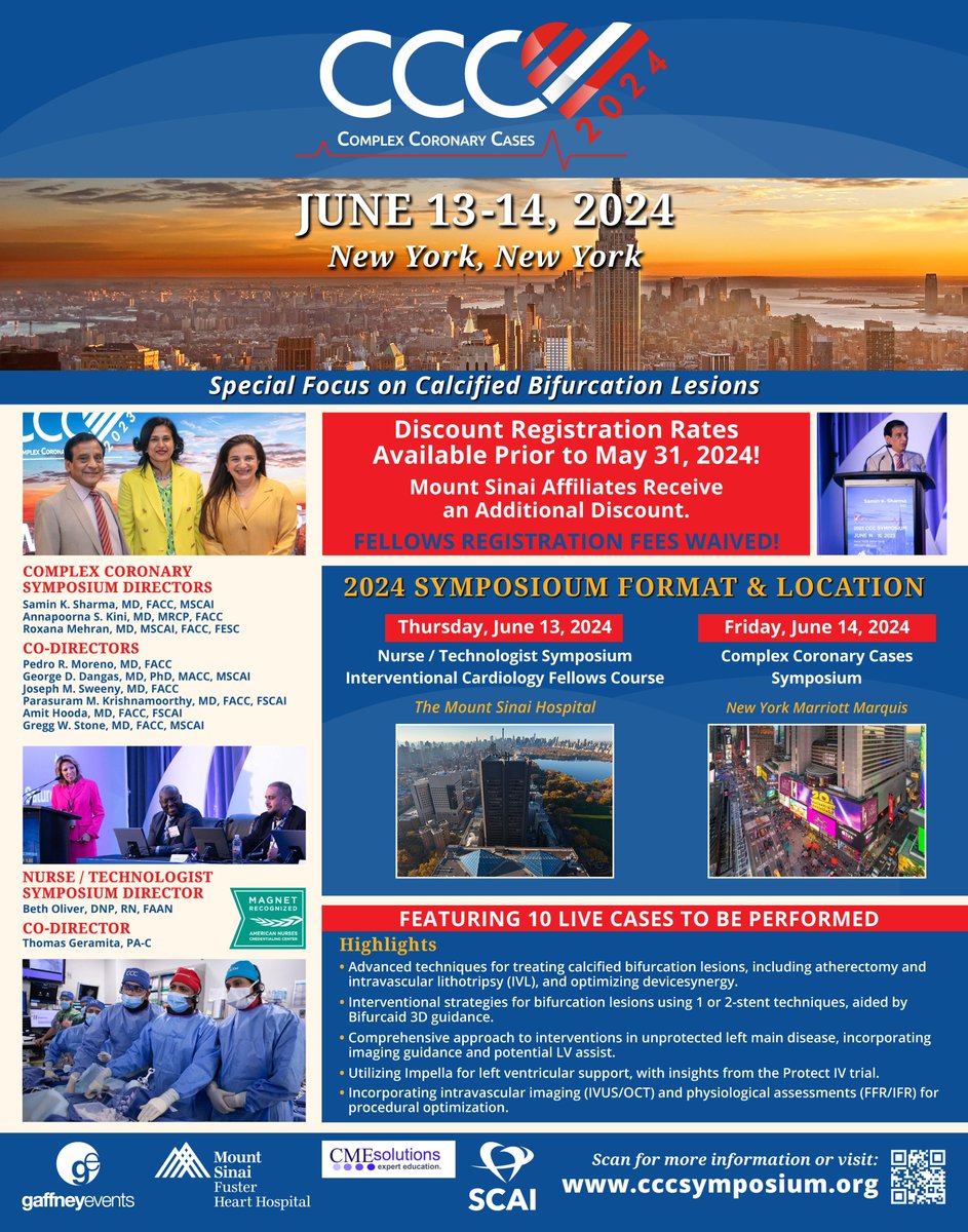 The CCC Symposium is back on June 13-14th in NYC! Please register at: cccsymposium.org Highlights include: -10 Live Cases to be performed with a special focus on calcified bifurcation lesions. -Advanced techniques for treating calcified bifurcation lesions, including…