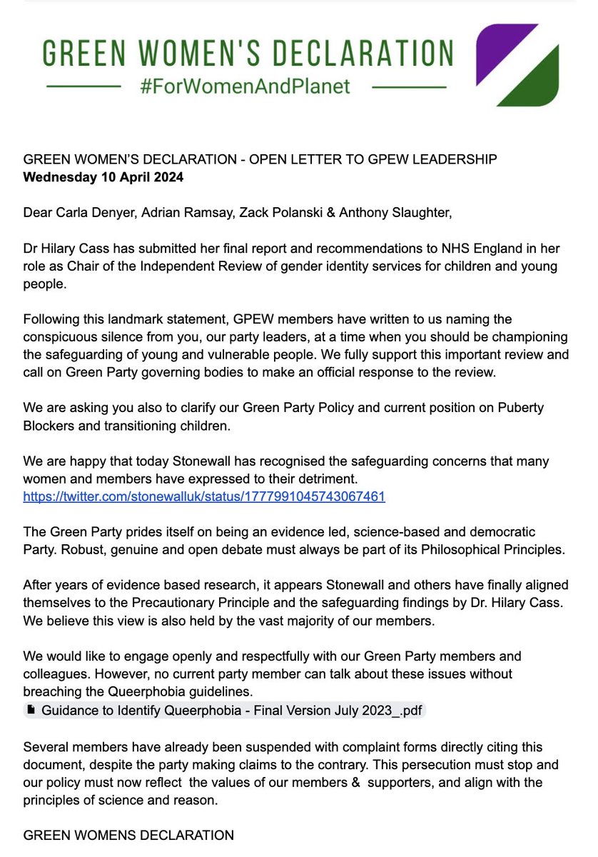 Read the GWD open letter to our leadership here  in response to the #CassReview

greenwomensdeclaration.uk/news/
 #safeguarding #IndependentReview #GenderIdentity #SexMatters

@carla_denyer @AdrianRamsay @ZackPolanski @as_penarth Speak up! Your silence is deafening.