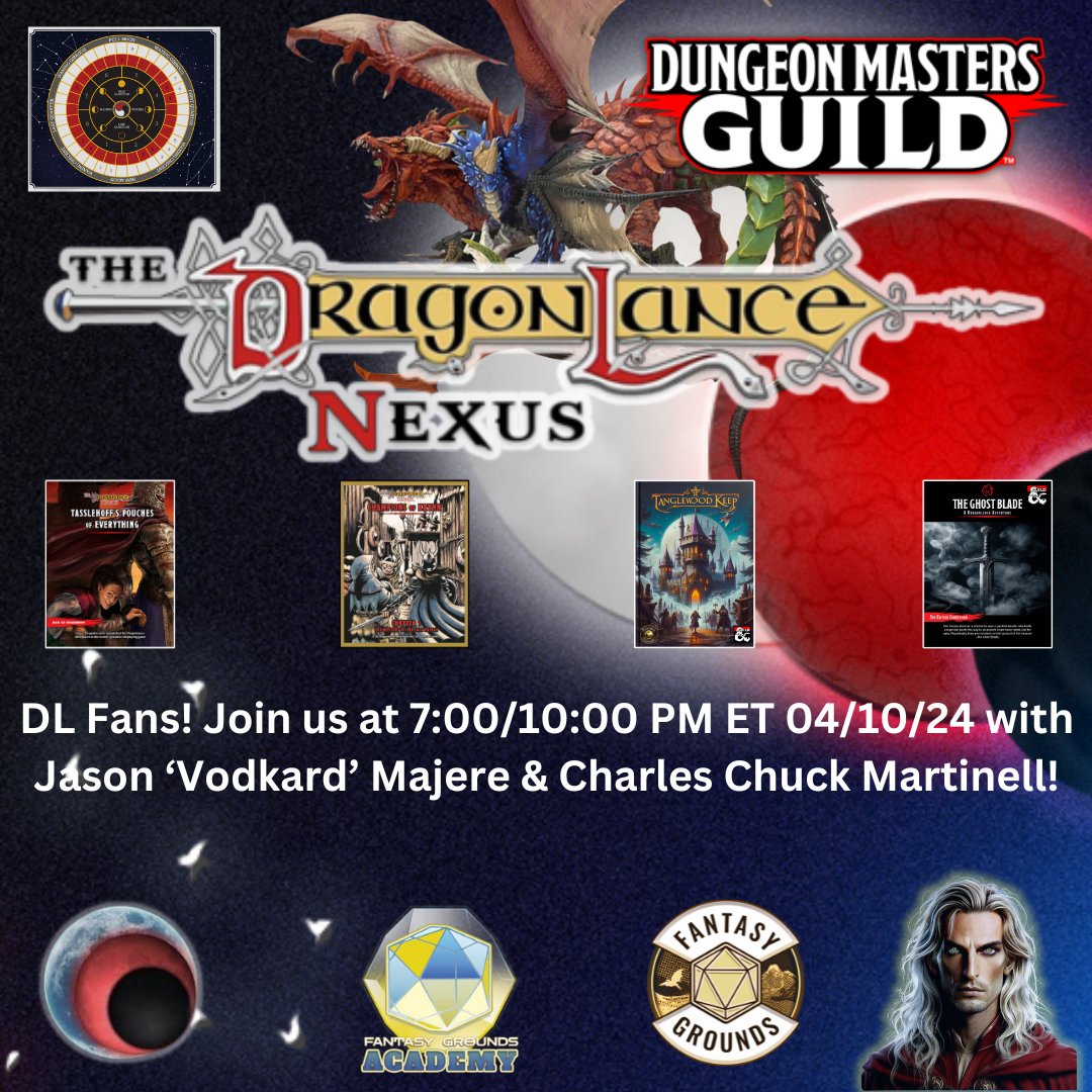 Join us tonight the @DLNexus as we delve into #dragonlance. Featuring @dms_guild author @DMVodkard & Chuck Martinell from @DLNexus. 10:00 PM ET / 7:00 PM PT. Don't miss out! @FantasyGrounds2 #dnd #rpg #gamemaster