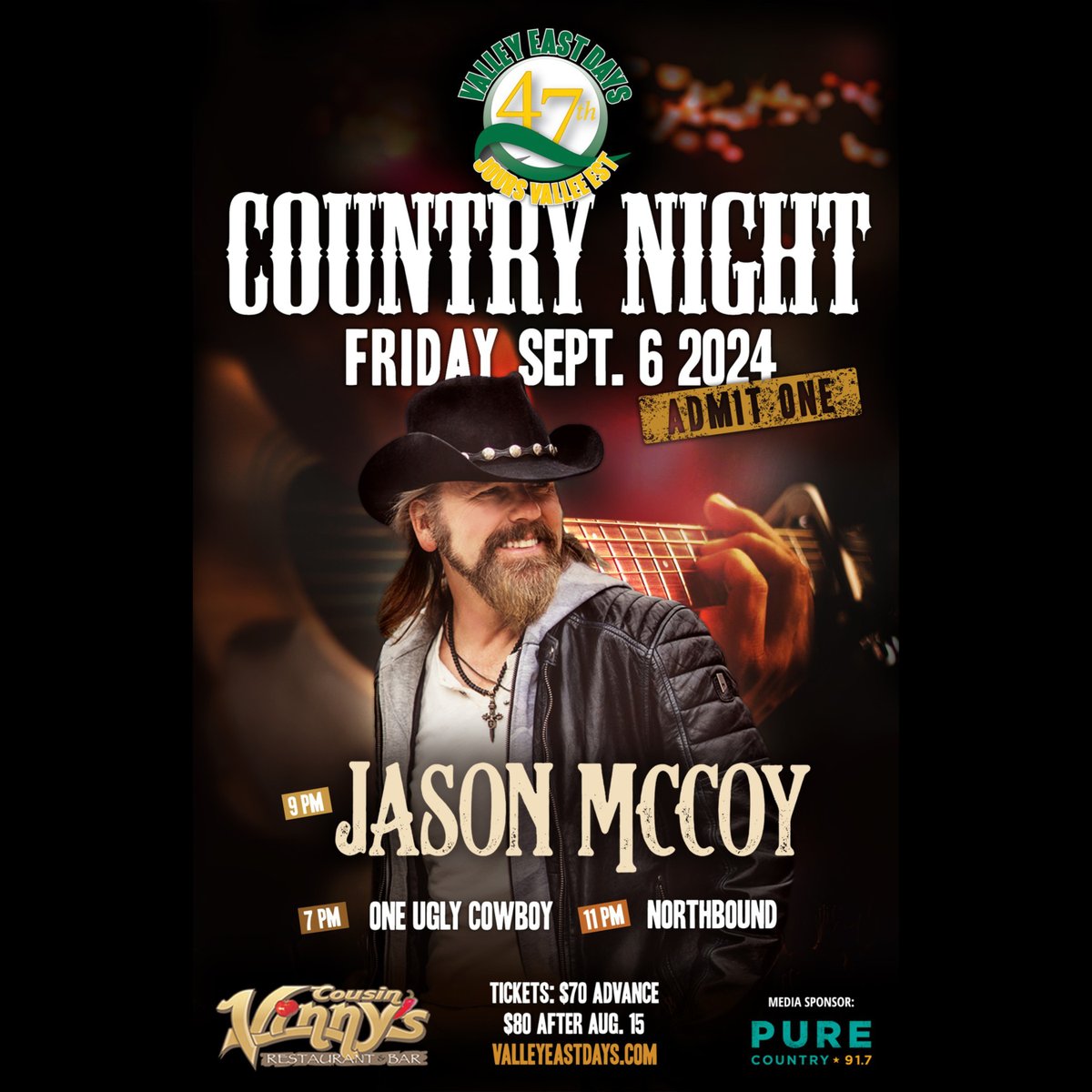 Sudbury show announcement! 💛 Super thrilled to be opening for Jason McCoy at Valley East Days on Friday Sept. 6th. We'll be hitting the stage 7-8:30pm. Gonna be a ROCKIN' night of pure country/rock fun !!! 🤠 oneuglycowboy.com INFO: valleyeastdays.com/countrynight