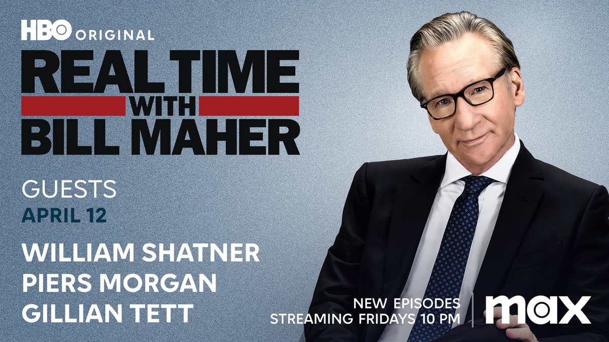 FRIDAY: @BillMaher welcomes @WilliamShatner, @piersmorgan and @gilliantett to Real Time @HBO! Reply with a question and join the conversation after the show on #RTOvertime.