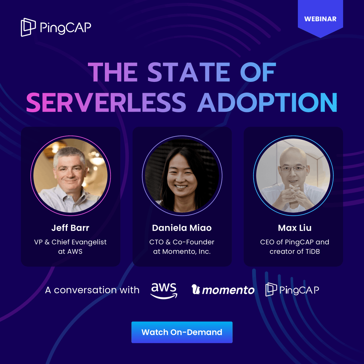 🚨Now On-Demand 🚨: The State of Serverless Adoption Webinar with AWS, Memento, and PingCAP. Hear from AWS VP @JeffBarr, Co-founder/CTO of @momentohq @dymxzvf, and PingCAP CEO & TiDB creator @ngaut1 on 🧑‍💻 #serverless adoption. Access today! social.pingcap.com/u/ifvEVm