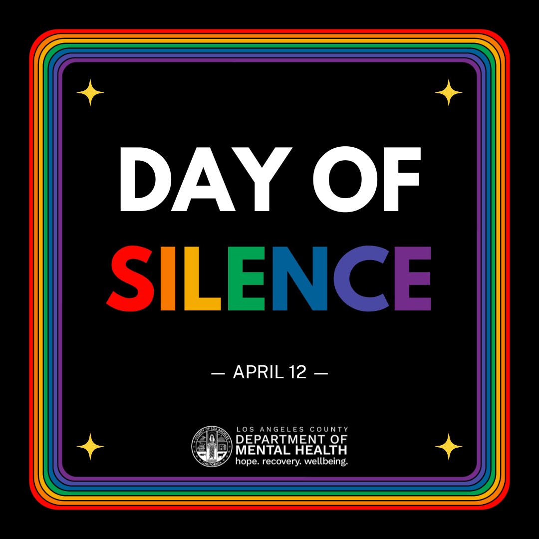 April 12 is the #NationalDayOfSilence, a day of silent protest to raise awareness of the impact of bullying and harassment faced by the LGBTQ+ community in schools. Discrimination is 𝐍𝐄𝐕𝐄𝐑 OK. For LGBTQ+ mental health resources, click the link below: dmh.lacounty.gov/resources/lgbt…