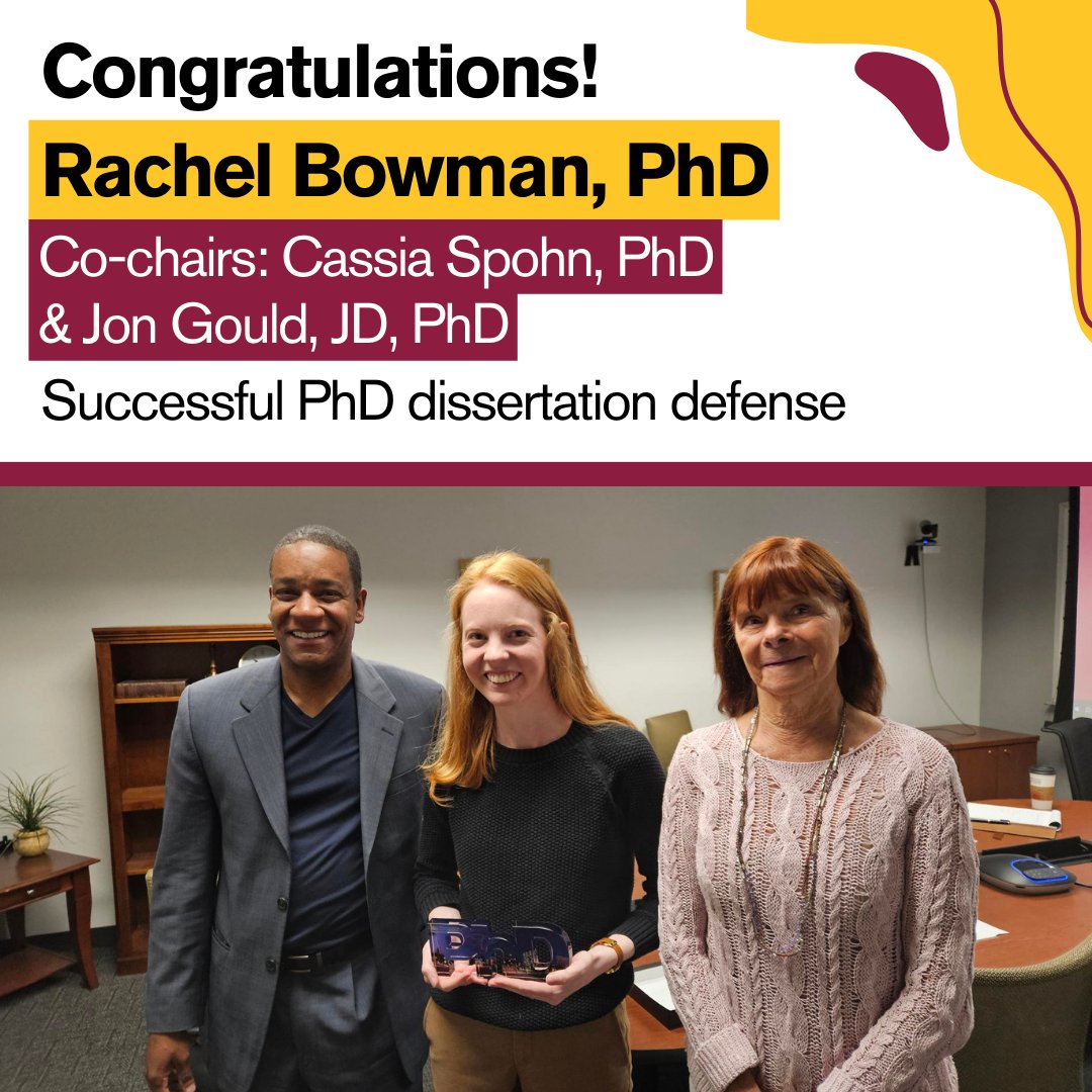 Congratulations to doctoral student Rachel Bowman, PhD, on successfully defending her dissertation, 'Disruption in the court community: Progressive lead prosecutors and their role in reforming the criminal legal system.' She was supported by her committee: Cassia Spohn, PhD