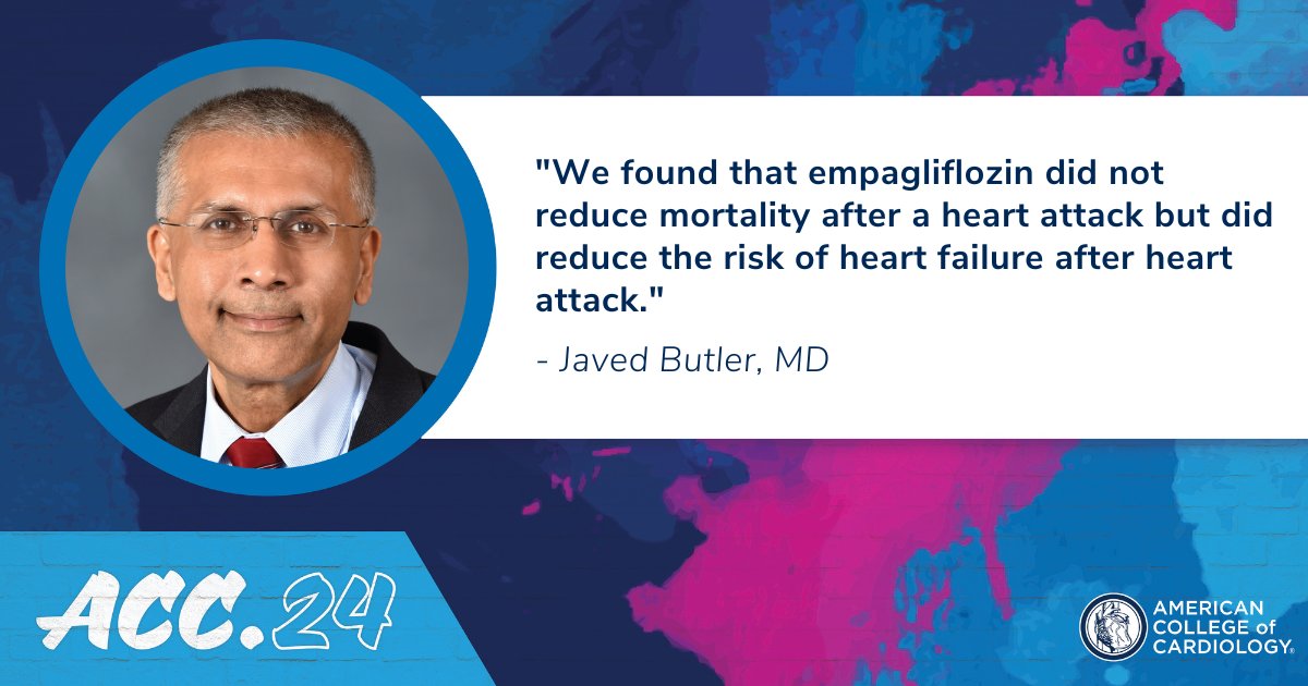 Use of the #SGLT2 empagliflozin following a heart attack did not show a significant benefit in reducing overall #HeartFailure hospitalizations or death from any cause, according to a new study presented by Dr. @javedbutler1 at #ACC24. bit.ly/3xkPYmm @bswhealth