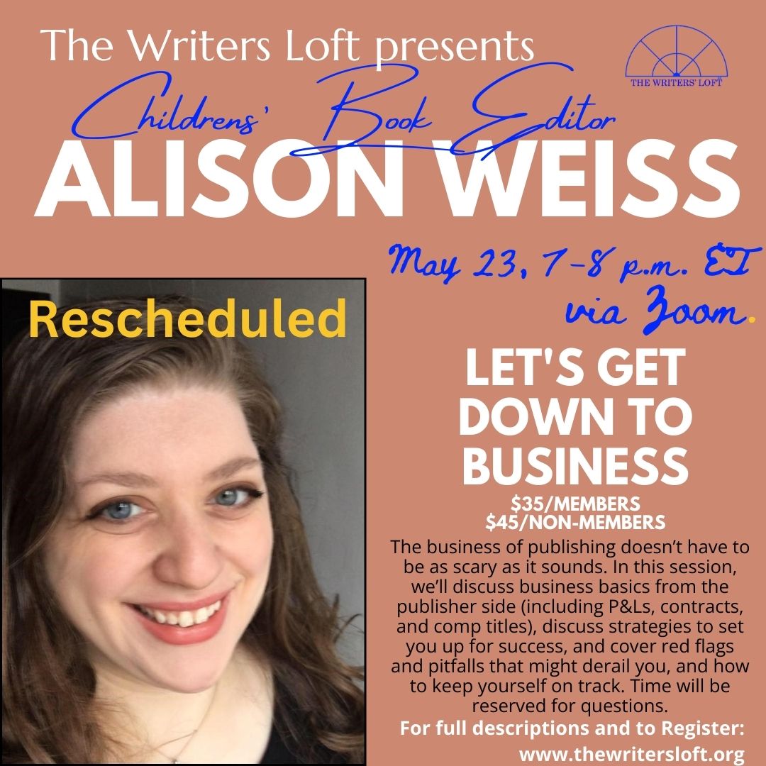 Due to unforeseen circumstances, we've had to cancel @alioop7's class for tomorrow night. But don't worry! We are postponing to May 23 and there's plenty of time to register. Join us in May - register here: thewritersloft.org. You don't want to miss this!