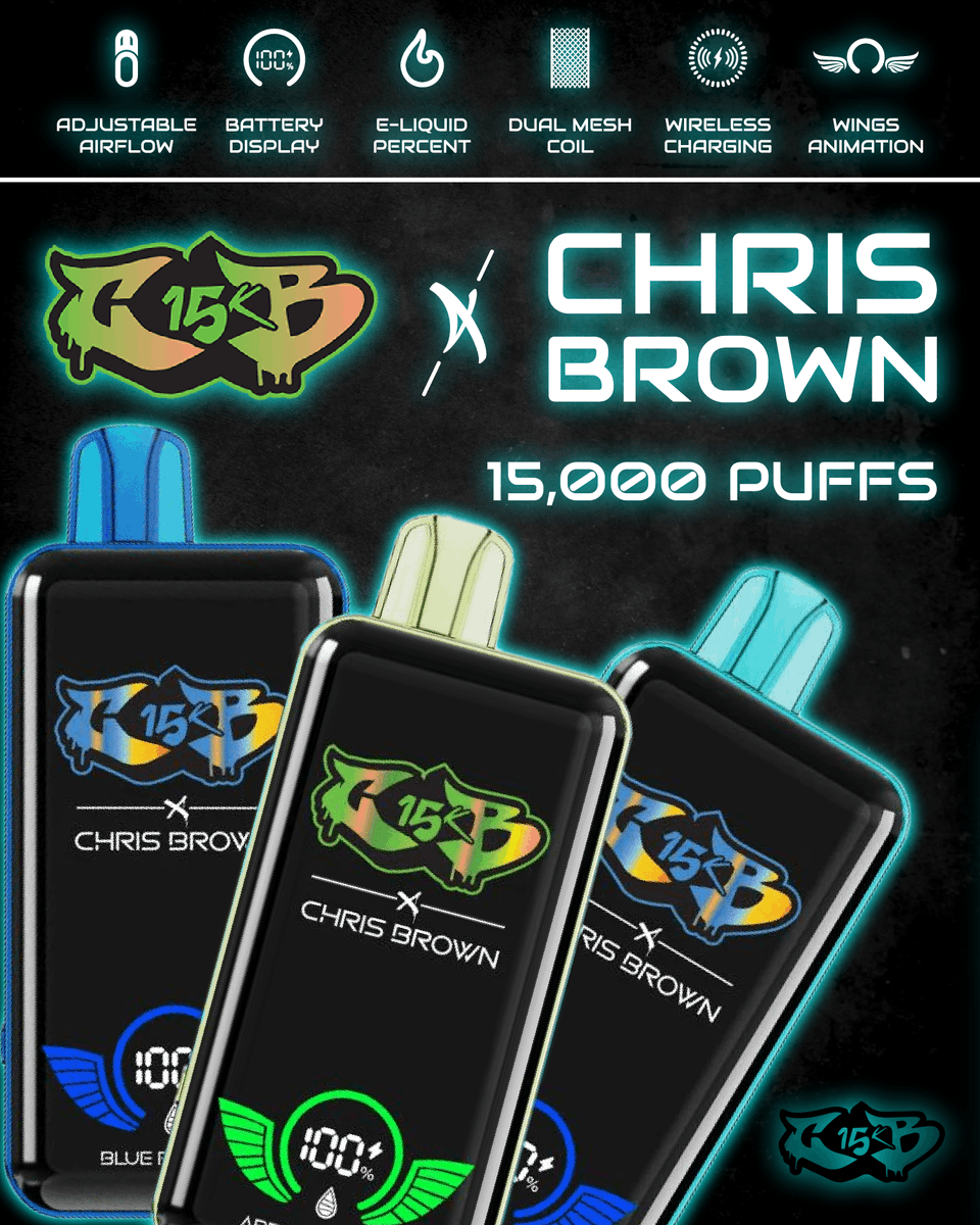 Introducing the new Chris Brown CB15K Disposable Vape. A new wireless  charging, smart display, tasty device that will have you taking hit after  hit. Visit us online today to see more! #ChrisBrown #