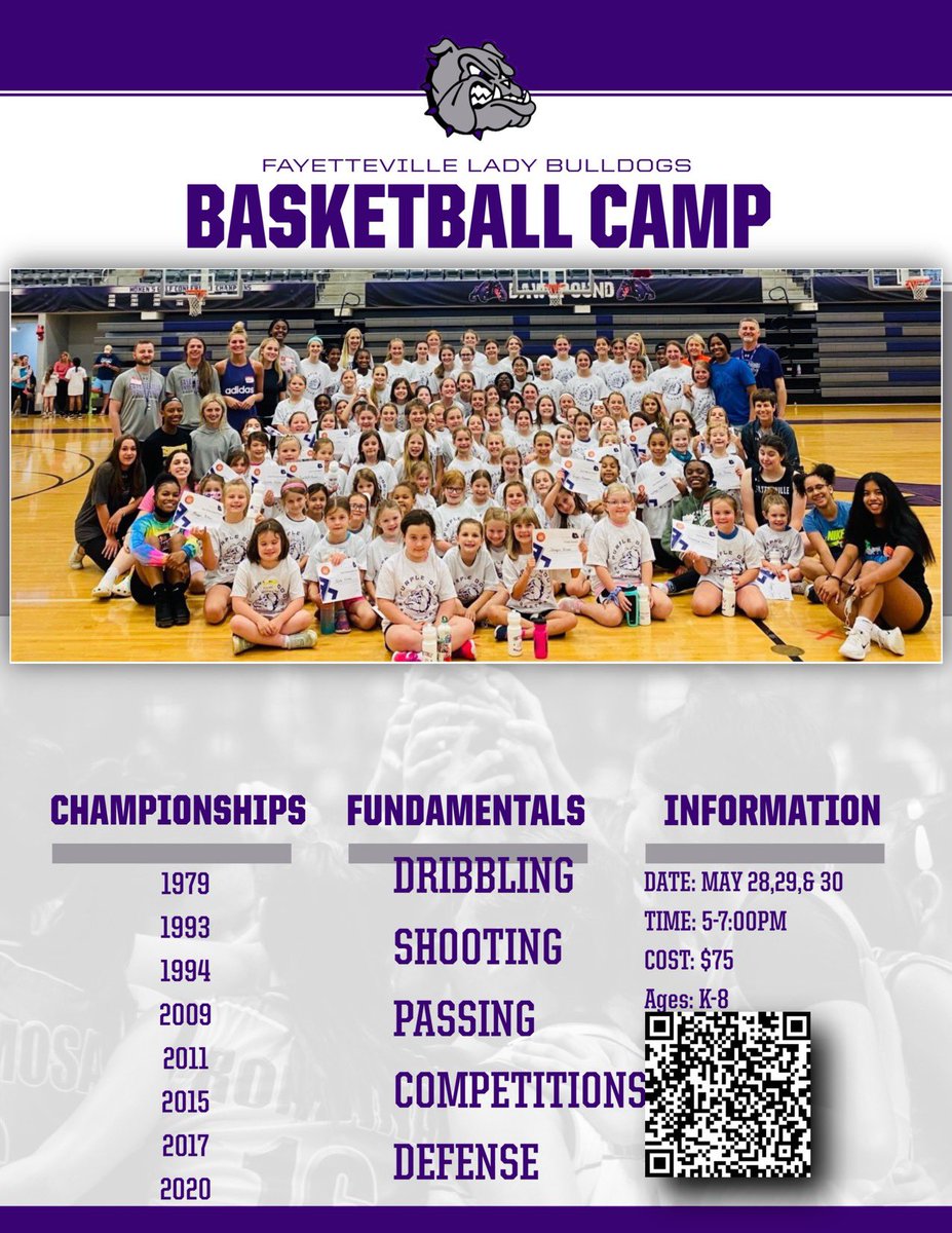 Calling all future Lady Bulldogs! Basketball camp time is almost here. Sign up using QR code.