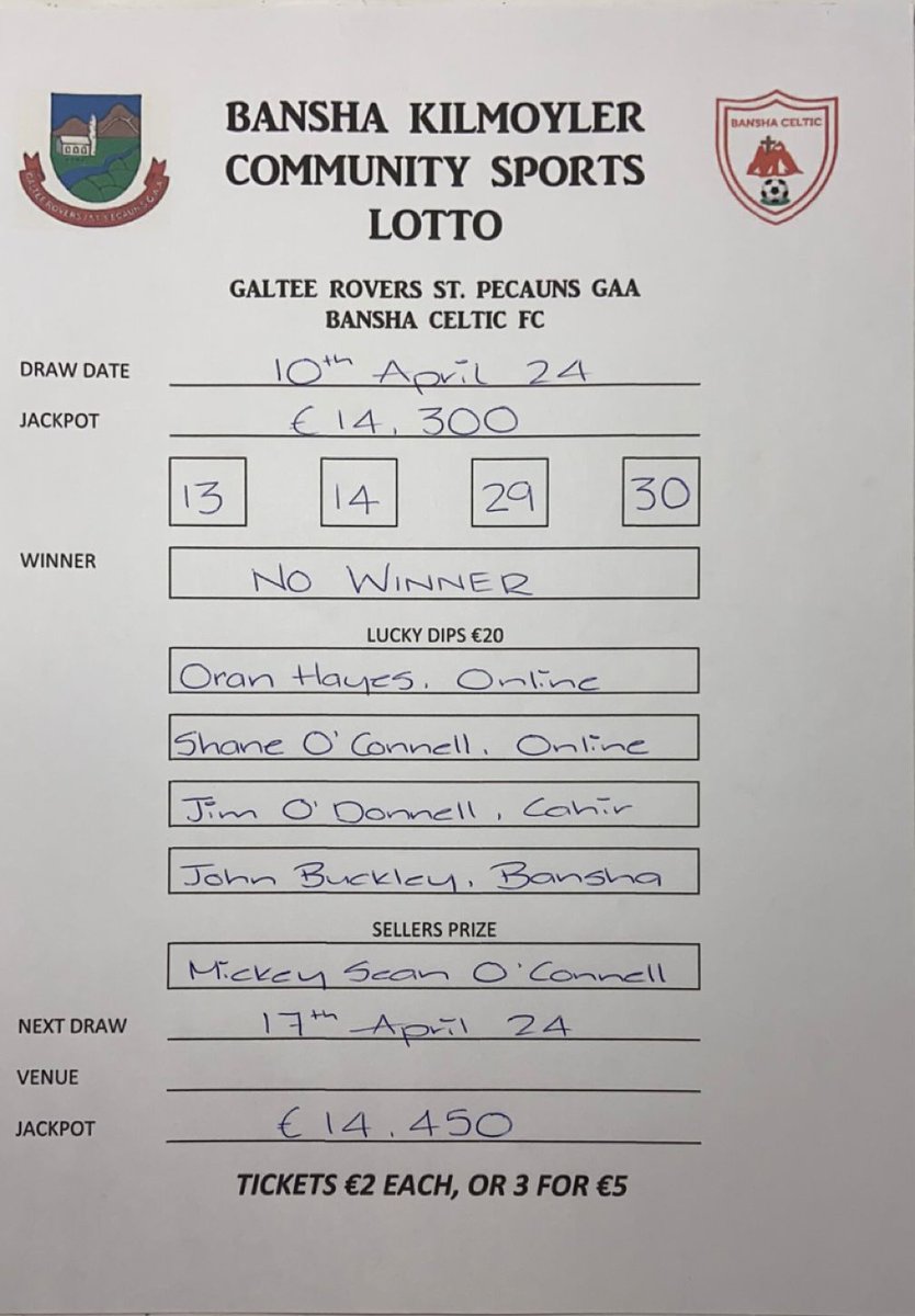 LOTTO RESULTS Congratulations to all our lucky dip winners this week. Next week's jackpot stands at €14,450 and can be played on the Clubforce App or by clicking on the link below play.clubforce.com/play_newa.asp?… 🇮🇩 🇮🇩
