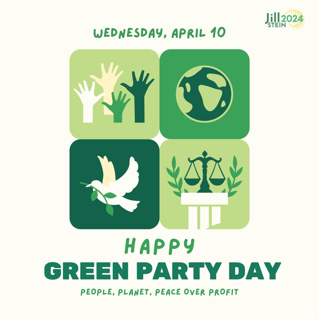 4/10 is Green Party Day! The Green Party is based on 4 pillars & 10 key values:
Grassroots Democracy
Social Justice
Ecological Wisdom
Non-Violence
Decentralization
Community-Based Economics
Feminism/Gender Equity
Respect for Diversity
Personal & Global Responsibility
Future Focus