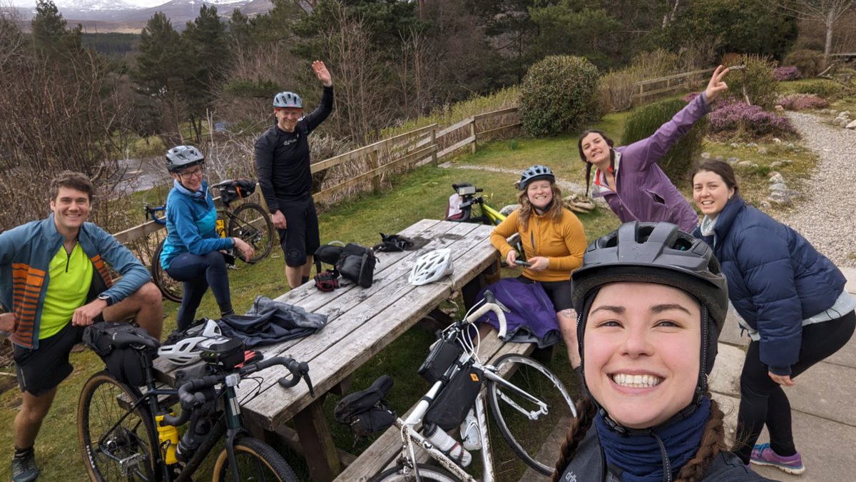 SMRU cycle squad make it to Cairngorm Lodge, thanks @hostellingscot Day 2 in the bag, another 100k cycled in wet and windy condition and over £2k raised! What a team 💪