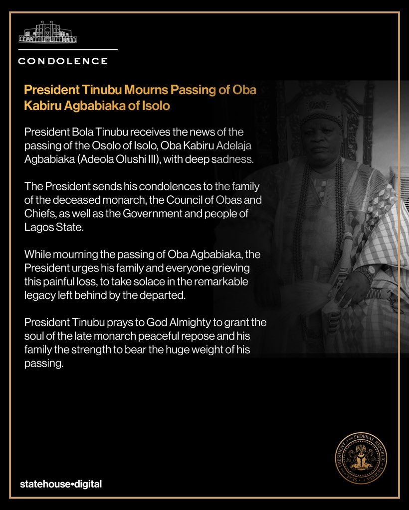 President Tinubu Mourns Passing of Oba Kabiru Agbabiaka of Isolo