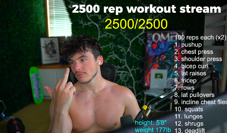 flexinja's tweet photo. 2500 rep workout stream done. 4 hours, 44 minutes.

wtf did i just do, gg me in 2 days from now 💀 https://t.co/0bqpLc7vMy