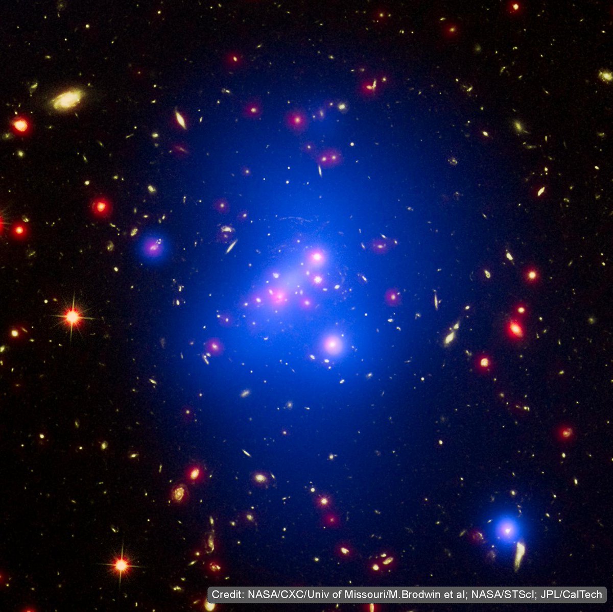 Galaxy cluster IDCS J1426 is so far away that the light detected is from when the universe was roughly a quarter of its current age. Studying it helps us understand how objects like these formed and evolved in the early universe. go.nasa.gov/43VEdPr #ColorWheelChallenge
