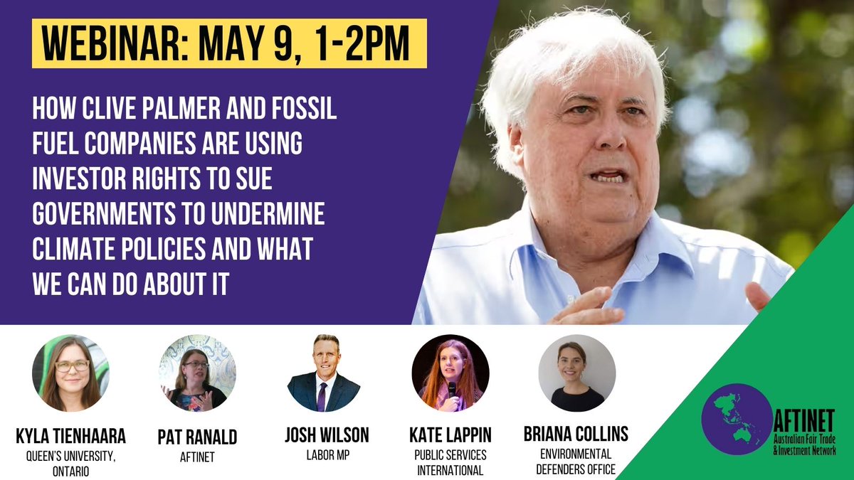 📢Join the webinar Investor-state dispute settlements (ISDS) have emerged as a major obstacle to fight #ClimateCrisis. Australian billionaire @CliveFPalmer is the latest to join the list. Lean more: 📅 9 May, 2024 ⏱️ 1-2 PM Sydney Register here: tinyurl.com/3tncns6v @katelap