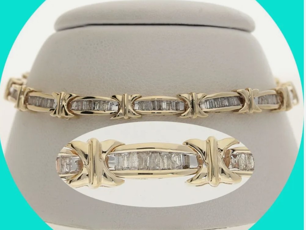 A shimmering coaster bracelet that is channel set with 104 straight baguette diamonds that alternate with X shaped links in yellow gold. What a perfectly pretty gift for an April birthday! #diamondbracelet #diamondjewelry #aprilbirthstone  ebay.com/itm/2355120923…