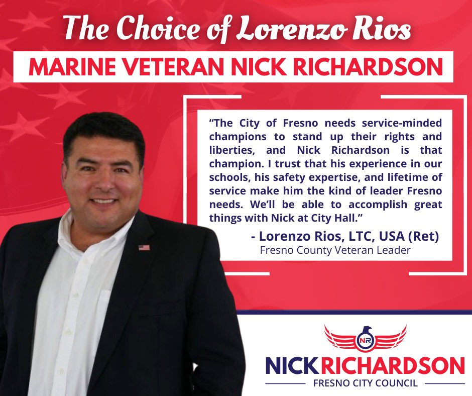 FresnoFirebrand's tweet photo. Thank you, Colonel Rios, for the work you do with our Veterans Memorial District, for your service, and for your support of our campaign! #nicksgotyour6 #youvegotmine https://t.co/5n2yHL2jGF