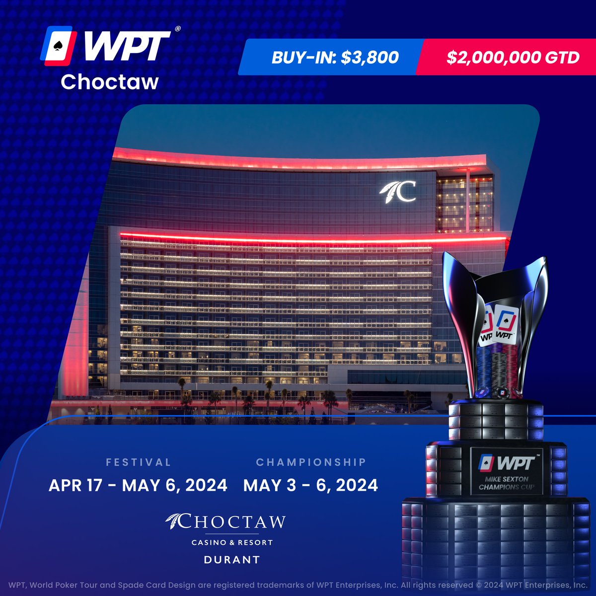 Our #WPTChoctaw Festival kicks off next week and features a $3,800 WPT Choctaw Championship $2,000,000 GTD beginning May 3! 🏆 Book your stay now @ChoctawDurant for preferred room rates as low as $119/night using code 'WPT24' at checkout! More Info: wpt.co/WPTChoctawInfo…
