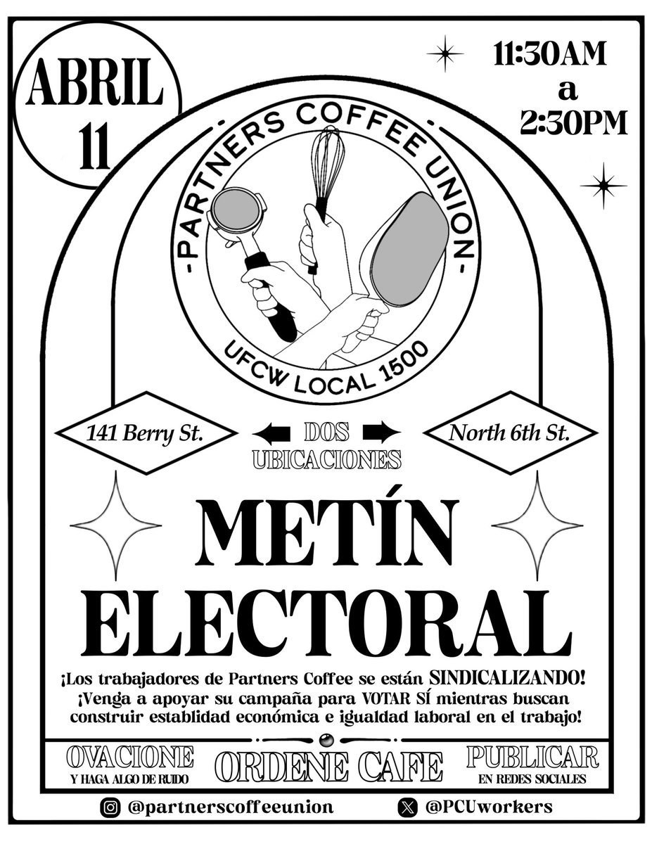PCUworkers's tweet image. TOMORROW: Join us at our Williamsburg location for our union election rally 🤩☕️!! 

This day’s been two years in the making, and we’d love to have you support us as we start a new chapter ❤️‍🔥

instagram.com/p/C5d6xlmOceW/…