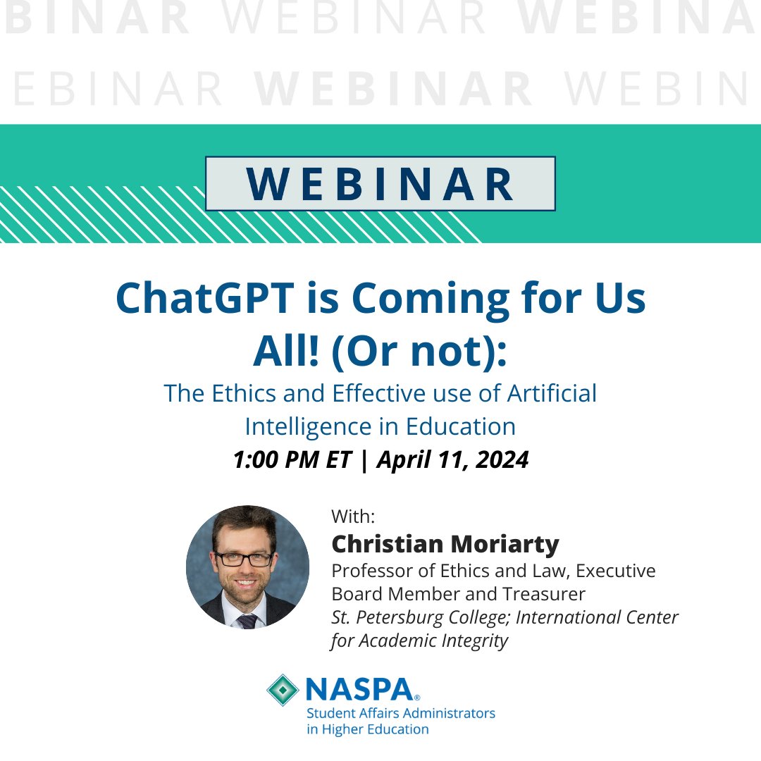 Don't miss tomorrow's NASPA Webinar—ChatGPT is Coming for Us All! (Or not.): The Ethics and Effective use of Artificial Intelligence in Education TOMORROW, April 11 | 1:00 PM ET Learn more & register: bit.ly/49BxnzU