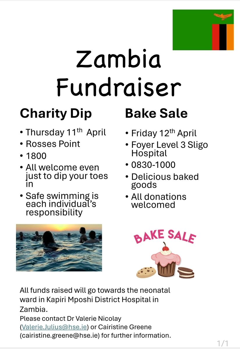 Bake Sale this Friday 12th April, 8.30-10am, in the main foyer level 3 Sligo University Hospital. We're raising vital funds for the Neonatal Unit in Zambia 🇿🇲 all donations welcome 🍩🍪🎂🍰🧁🥧🍫🥐 thank you 😁 @julius4517