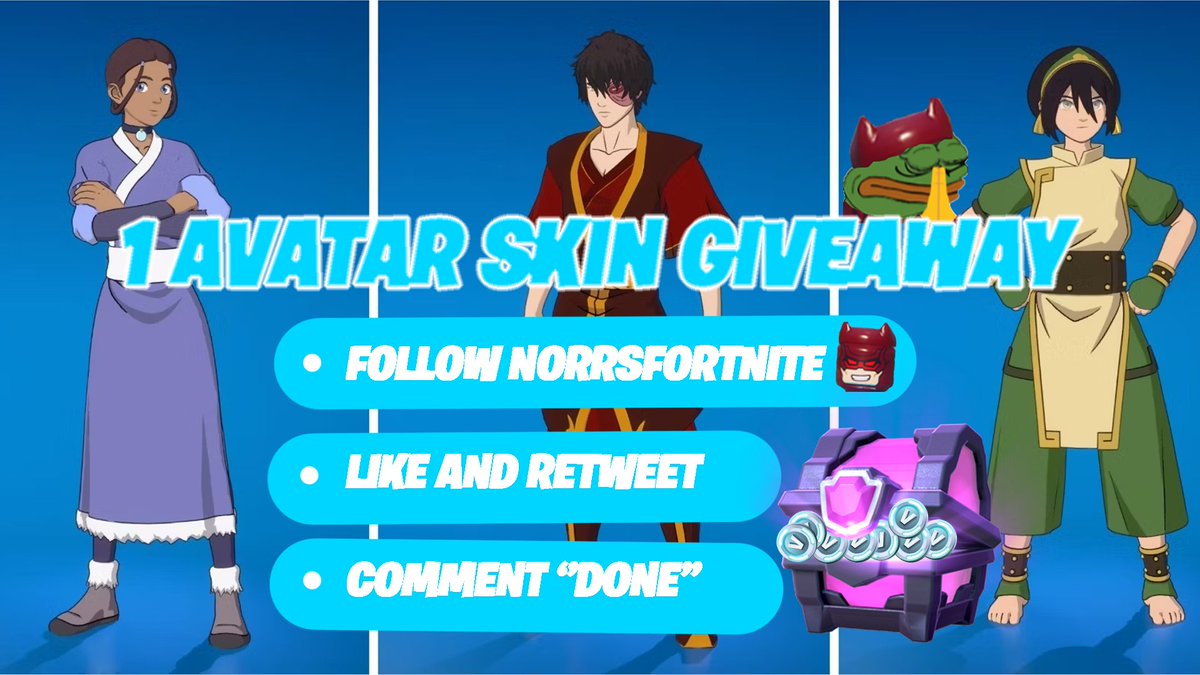 ⚠️ Sorteo skin de Avatar a elección⚠️

Para participar solo deben:  

- Seguir mi cuenta (<a href="/NorrsFortnite/">NORRS</a>) 
- Dar ♥ y RT 🔃
-Comentar ''DONE''

El ganador se escogerá el día 14/04/2024 mucha suerte a todos los participantes! #epicpartner #Fortnite #fortnitegiveaway