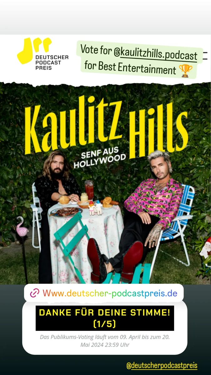 Deutscher Podcast Preis 2024 - Vote for #KaulitzHills for Best Entertainment 🙏🏆#BillKaulitz #TomKaulitz #Podcast #Spotify deutscher-podcastpreis.de/podcasts/kauli…