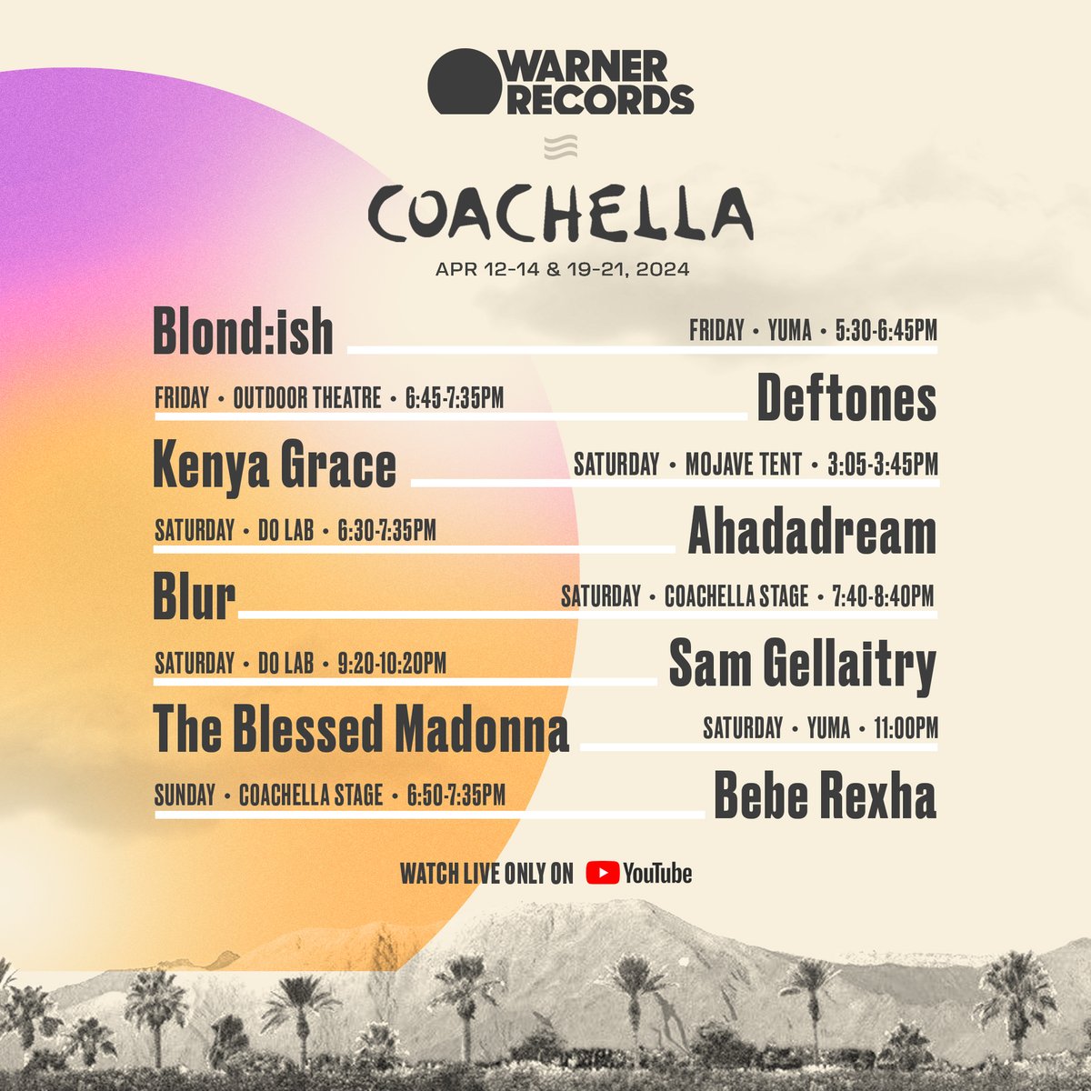 Warner Records is taking over @coachella this year! 🌵 warnerrecords.lnk.to/Coachella @ahadadream x @beberexha x @blondish x @blurofficial x @deftones x @kenyagrace x @samgellaitry x @Blessed_Madonna @majorrecs