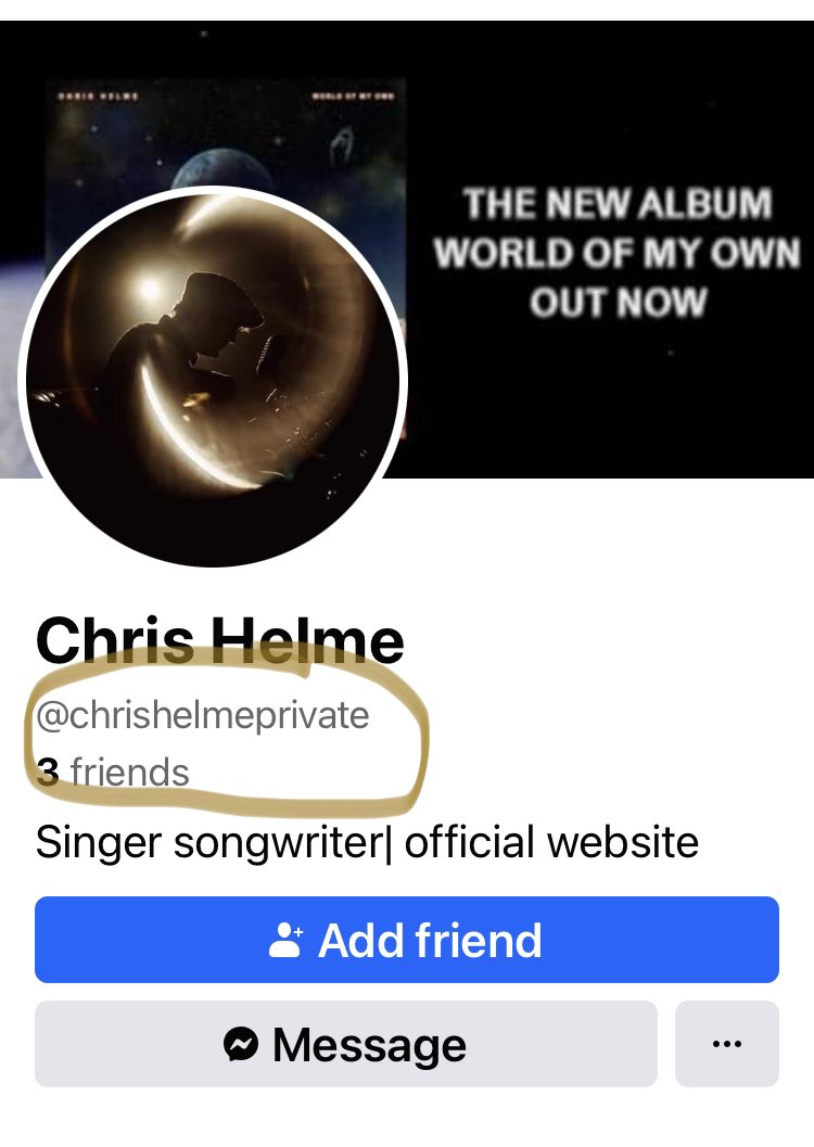 So it appears someone out there has decided to create a fake account using this profile name: facebook.com/chrishelmepriv… Please block and report it if you receive any messages or requests from them. There are some proper wankers out there.