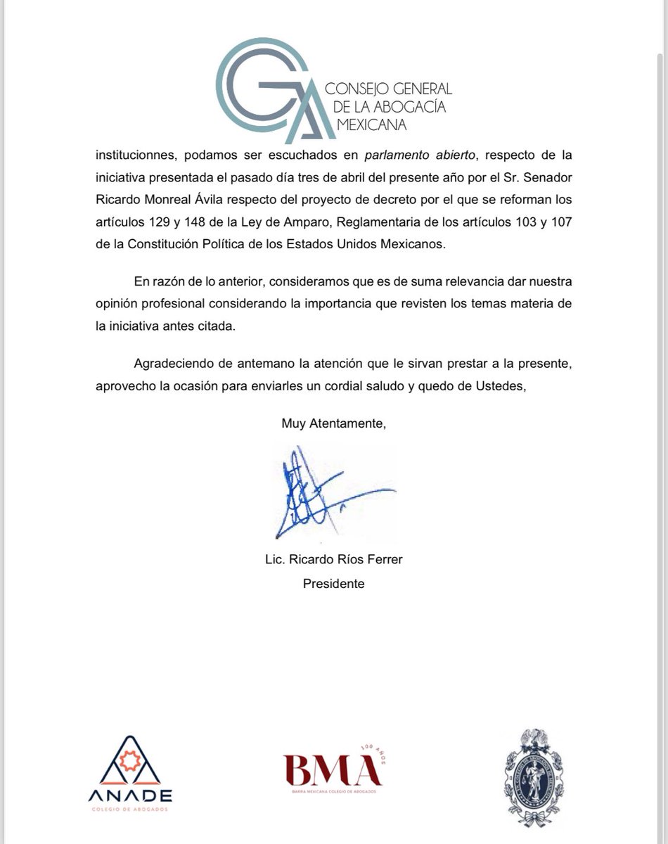 ‼️EXTRA‼️ El Consejo General de la Abogacía Mexicana pide a @M_OlgaSCordero y a Rafael Espino abrir un Parlamento Abierto para discutir la reforma que quiere desaparecer la suspensión del acto reclamado en un juicio de amparo y que en unos momentos presenten aprobar en comisiones…