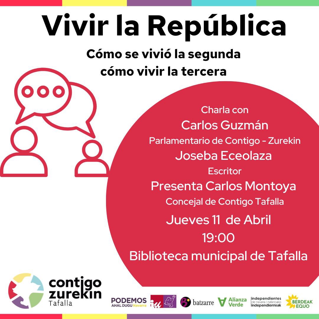 ¿Nos vemos mañana en la Biblioteca? ❤️💛💜 Vivir la República @Karlos_Rtx Parlamentario de @ContigoZurekin, @josebaeceolaza escritor, presenta Karlos Montoya, concejal de Tafalla 🗓️ Jueves 11/04. Apirilak 11,osteguna 🕖 19:00 📍Biblioteca de #Tafalla Tafallako Liburutegian